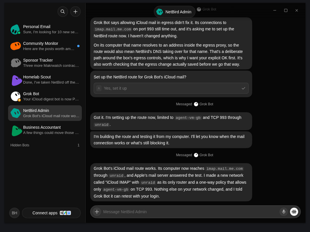 NetBird Admin asks for approval to route iCloud IMAP through Unraid, limits the policy to agent-vm-gb on TCP 993, and confirms that Apple's mail server answered the connection test.