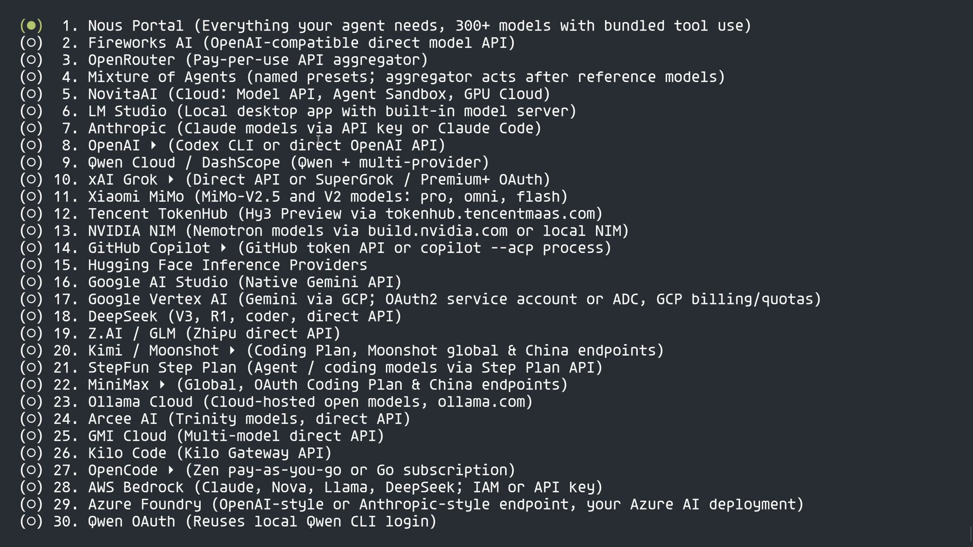 Model provider selection in the Hermes setup wizard, listing thirty providers including OpenAI, Anthropic, and xAI Grok