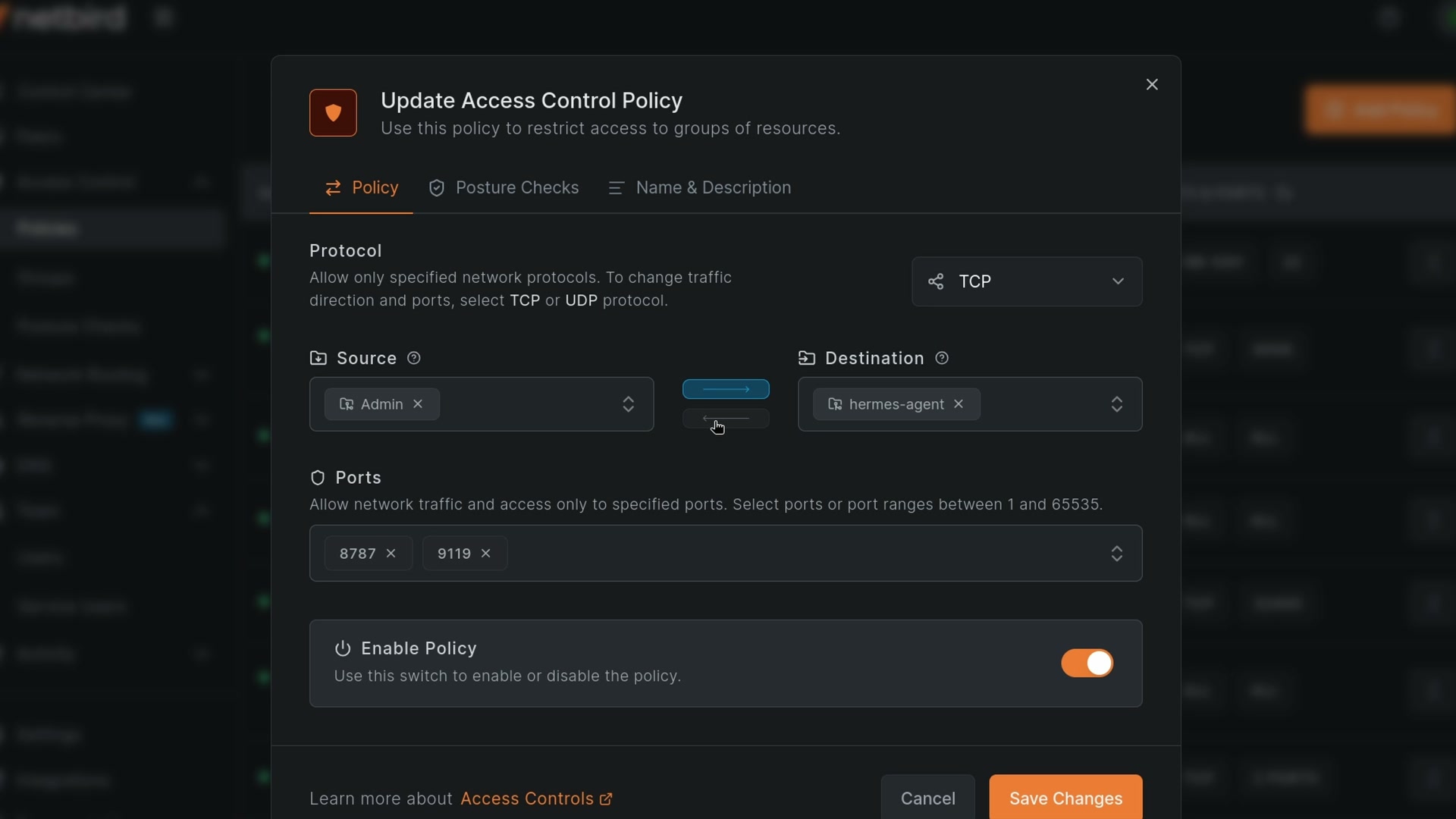 A one-way NetBird access policy from the users group to the Hermes server on TCP ports 9119 and 8787