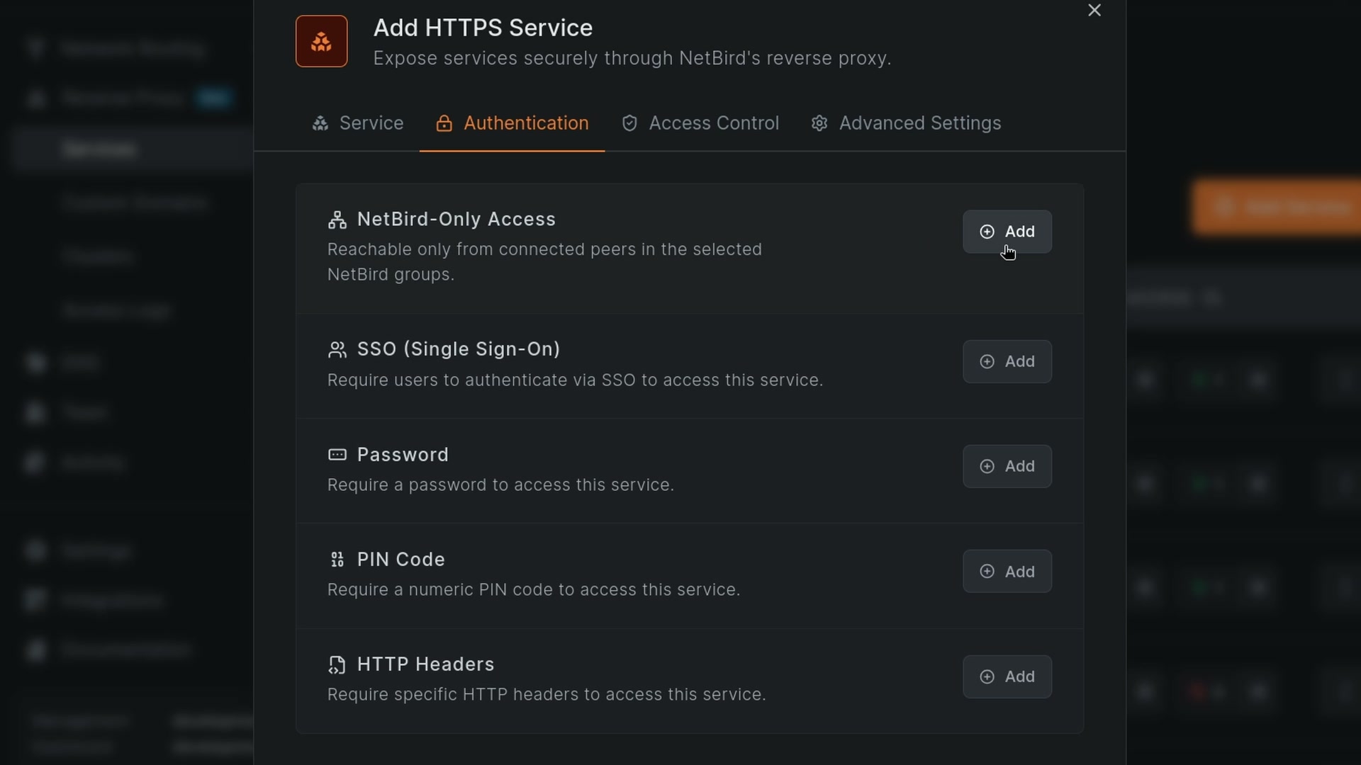 Choosing NetBird-Only Access on the Authentication tab of the new HTTPS service