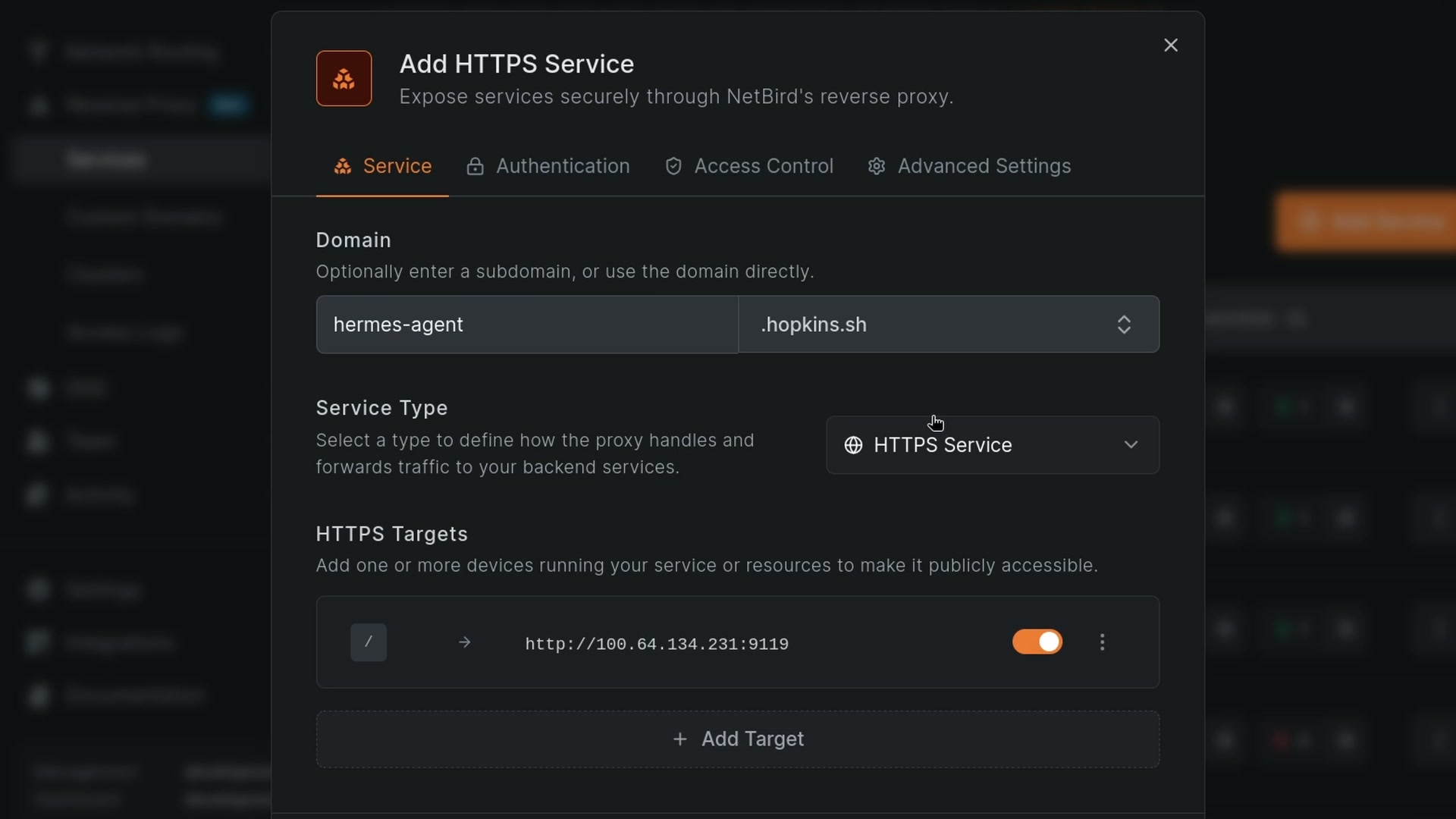 Adding an HTTPS service for the Hermes dashboard in NetBird Reverse Proxy, with the domain and target port configured