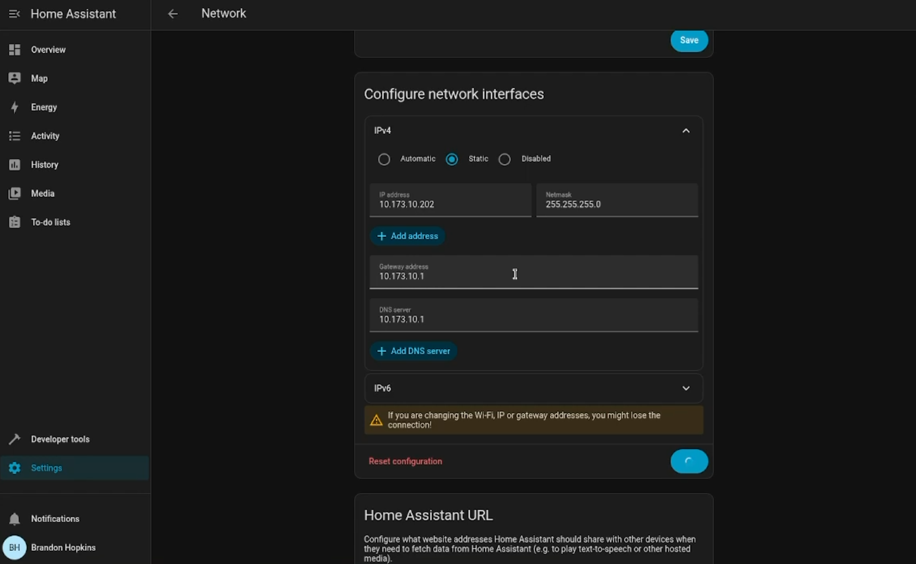 Setting a static IP in Home Assistant