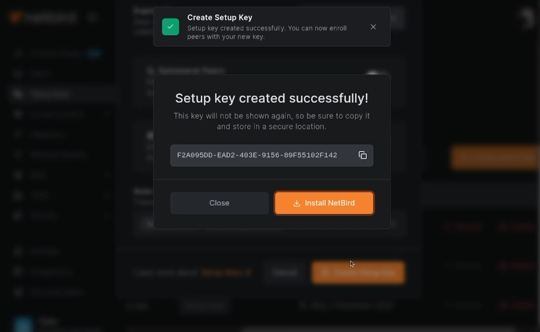 NetBird setup key in the dashboard