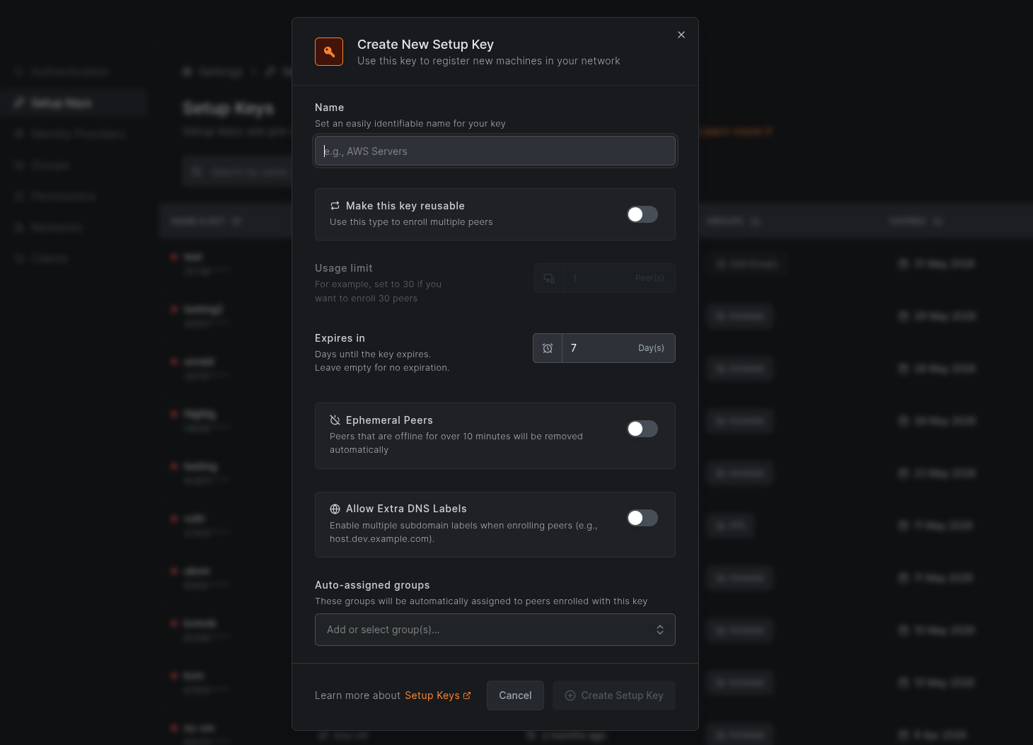 NetBird Create New Setup Key dialog with fields for a name, expiration, and automatically assigned groups