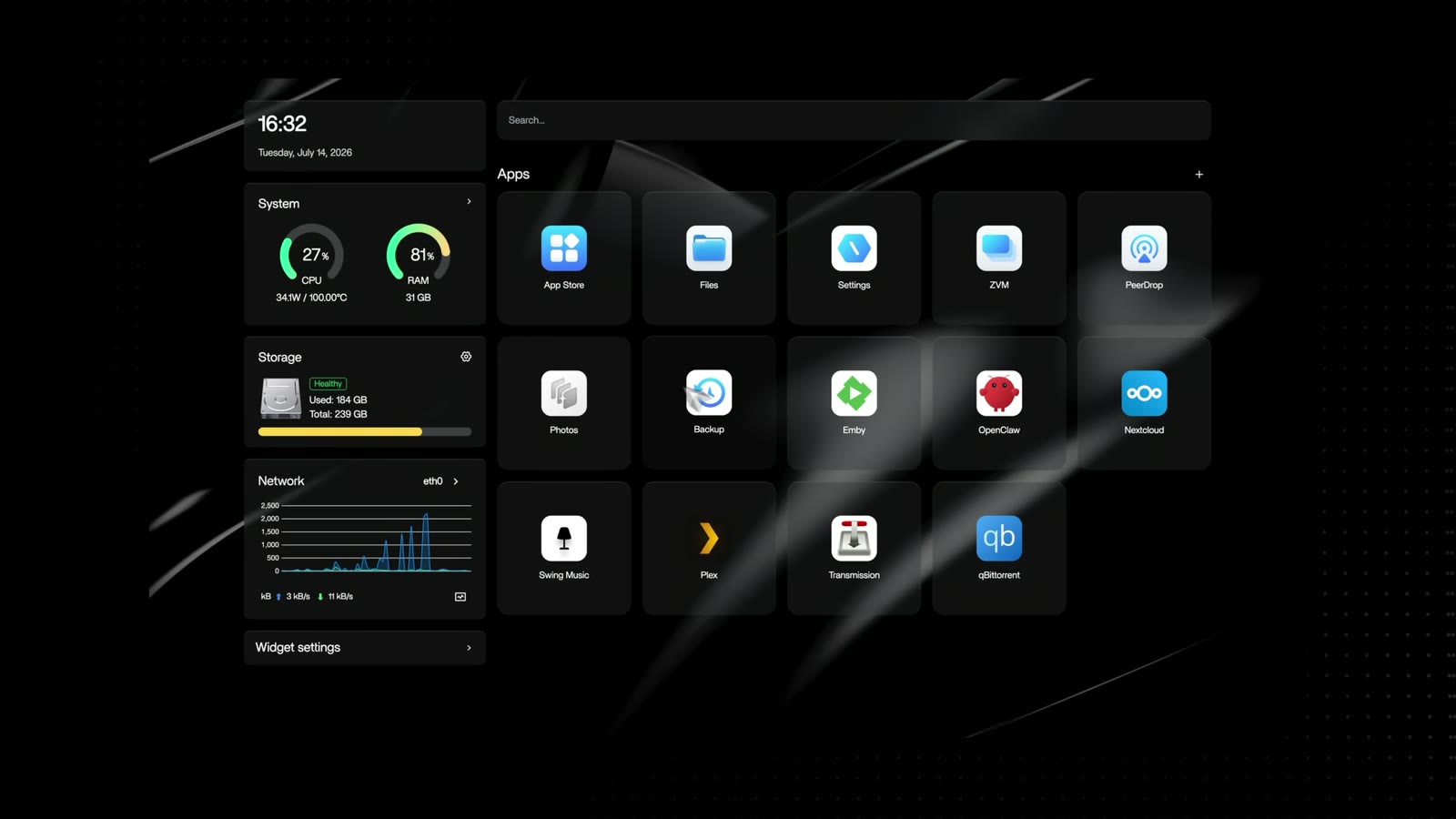 ZimaOS dashboard with app shortcuts and widgets for CPU, memory, storage, and network usage