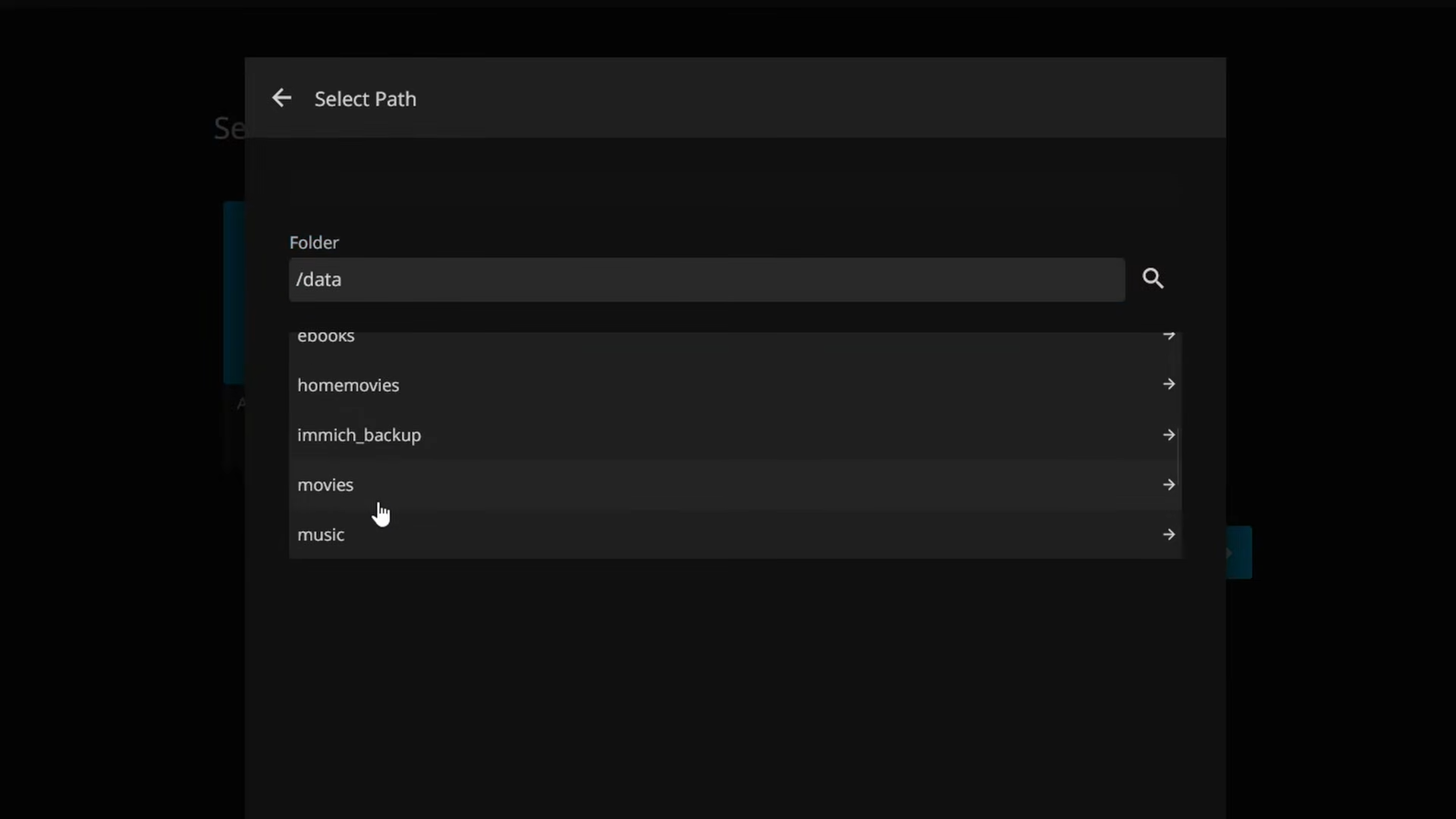 Selecting the movies folder path in Jellyfin
