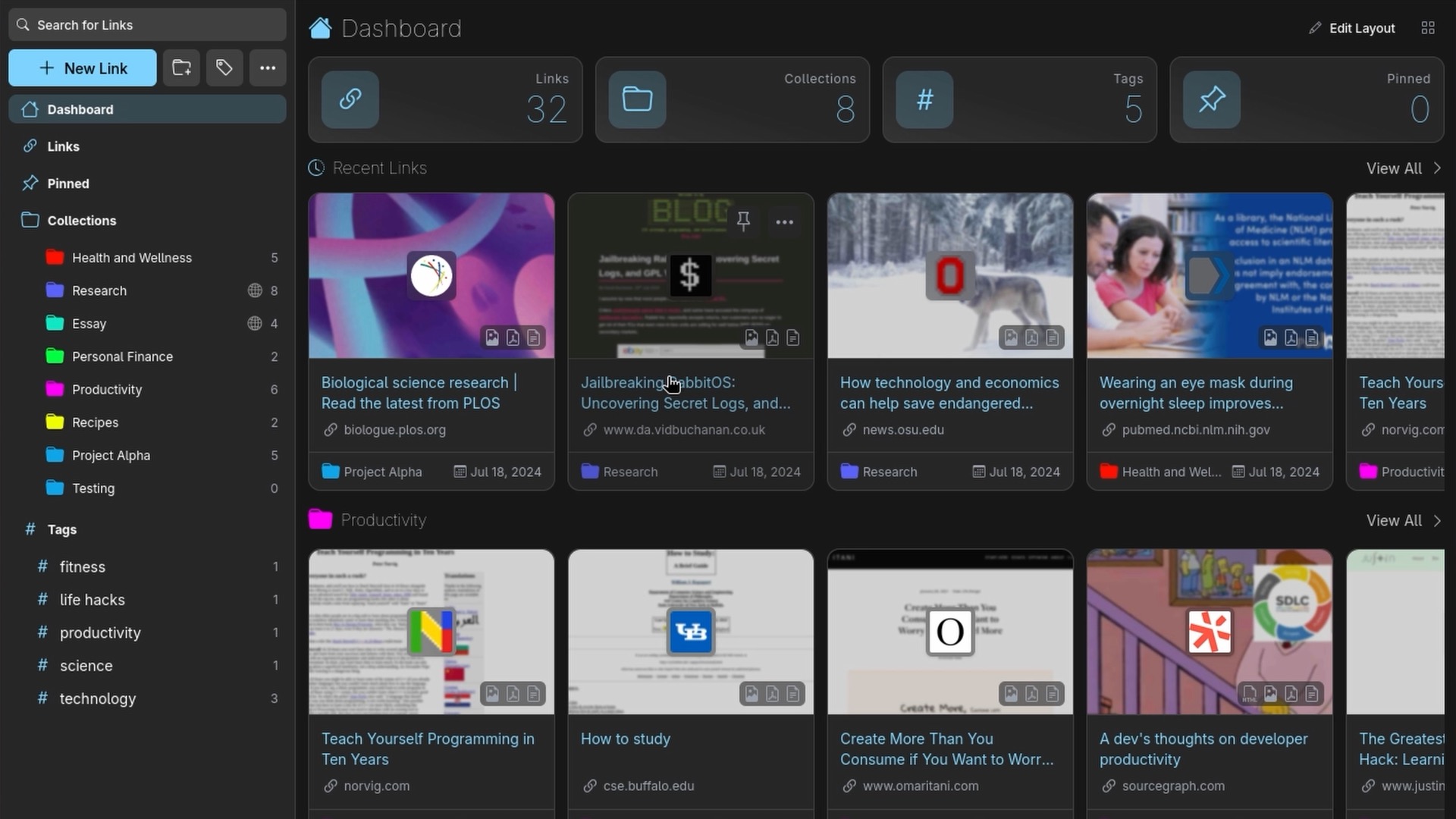 The Linkwarden dashboard showing collections, tags, and recent links