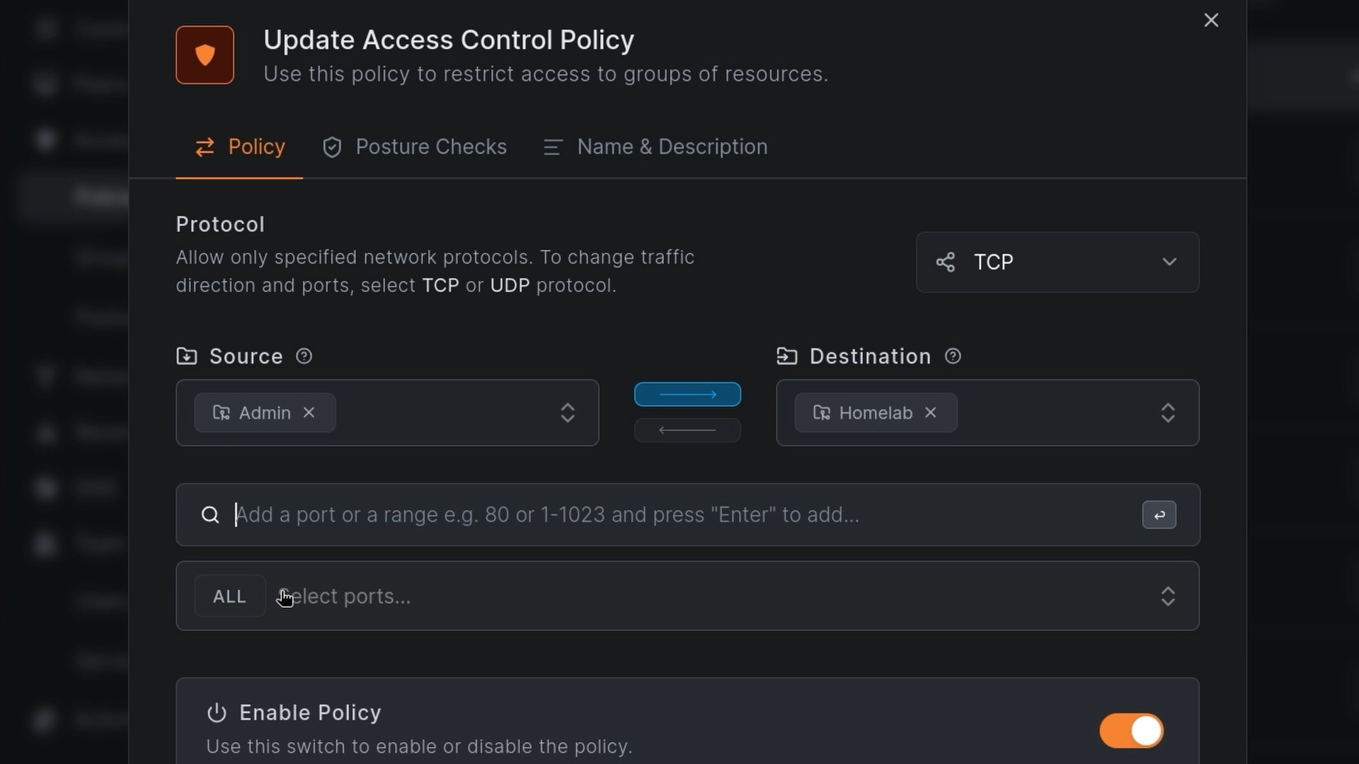 Updating a NetBird access control policy from the Admin group to the Homelab group with the TCP protocol selected