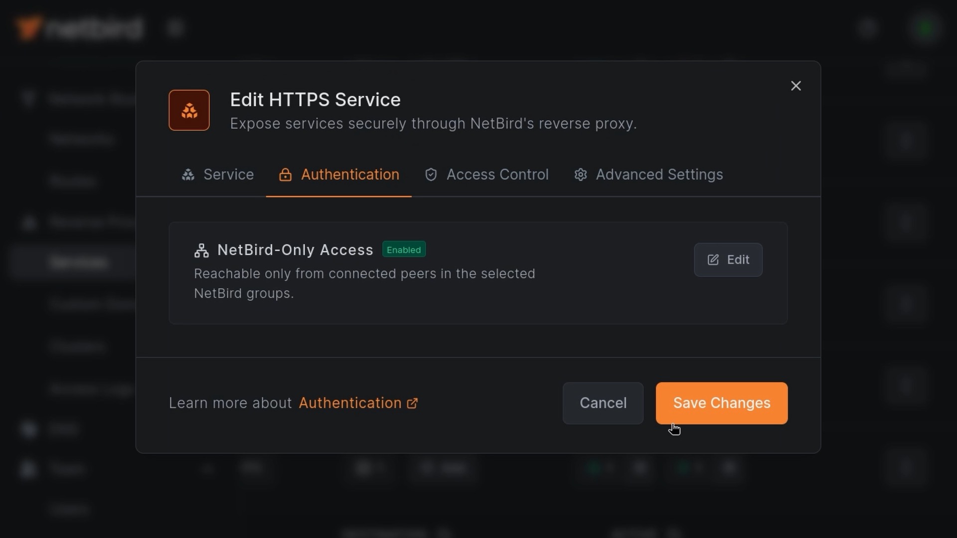NetBird-Only Access enabled on the Authentication tab of the Linkwarden proxy service