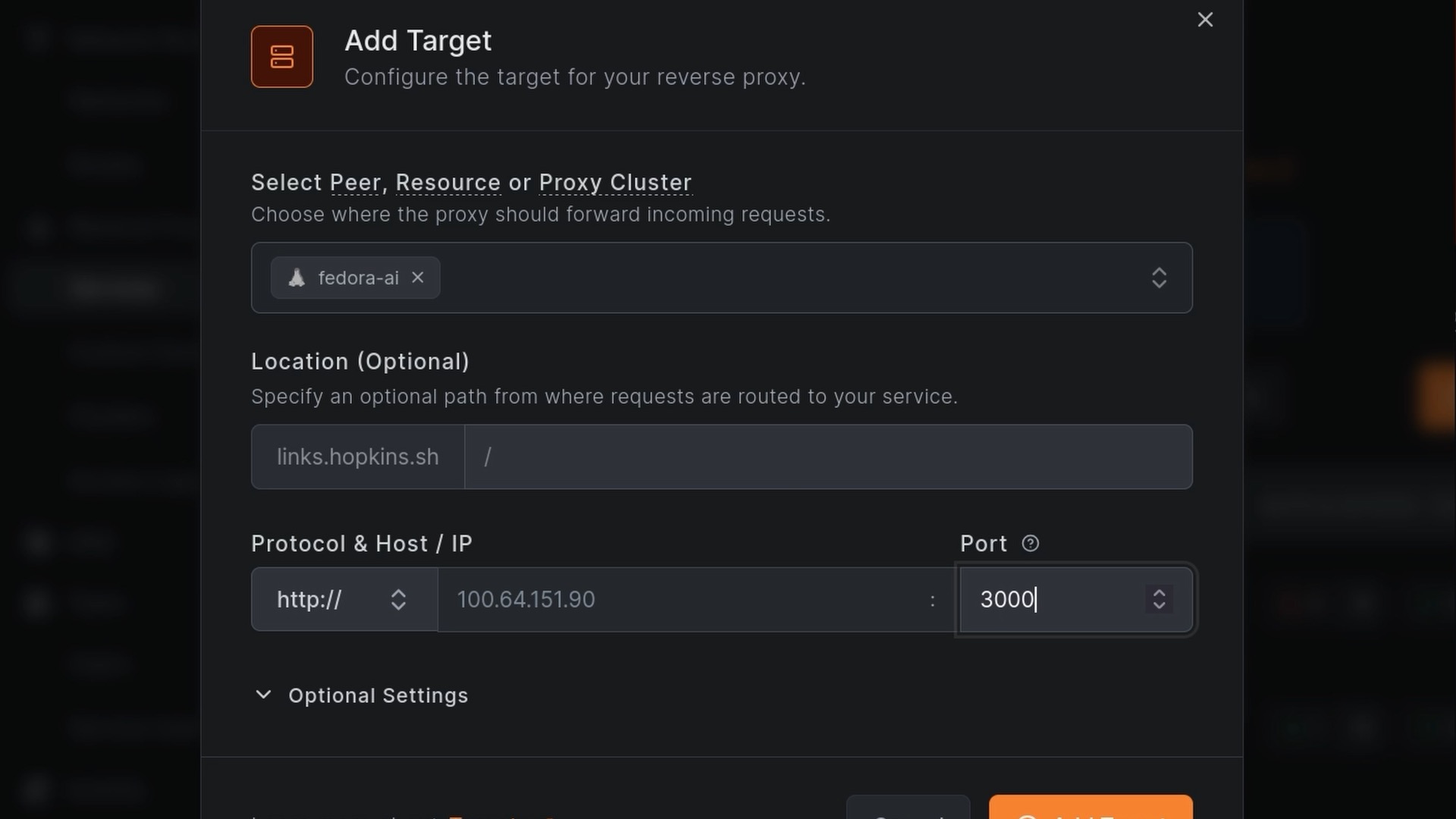 Adding a Linkwarden service in NetBird Reverse Proxy with the peer target and port 3000