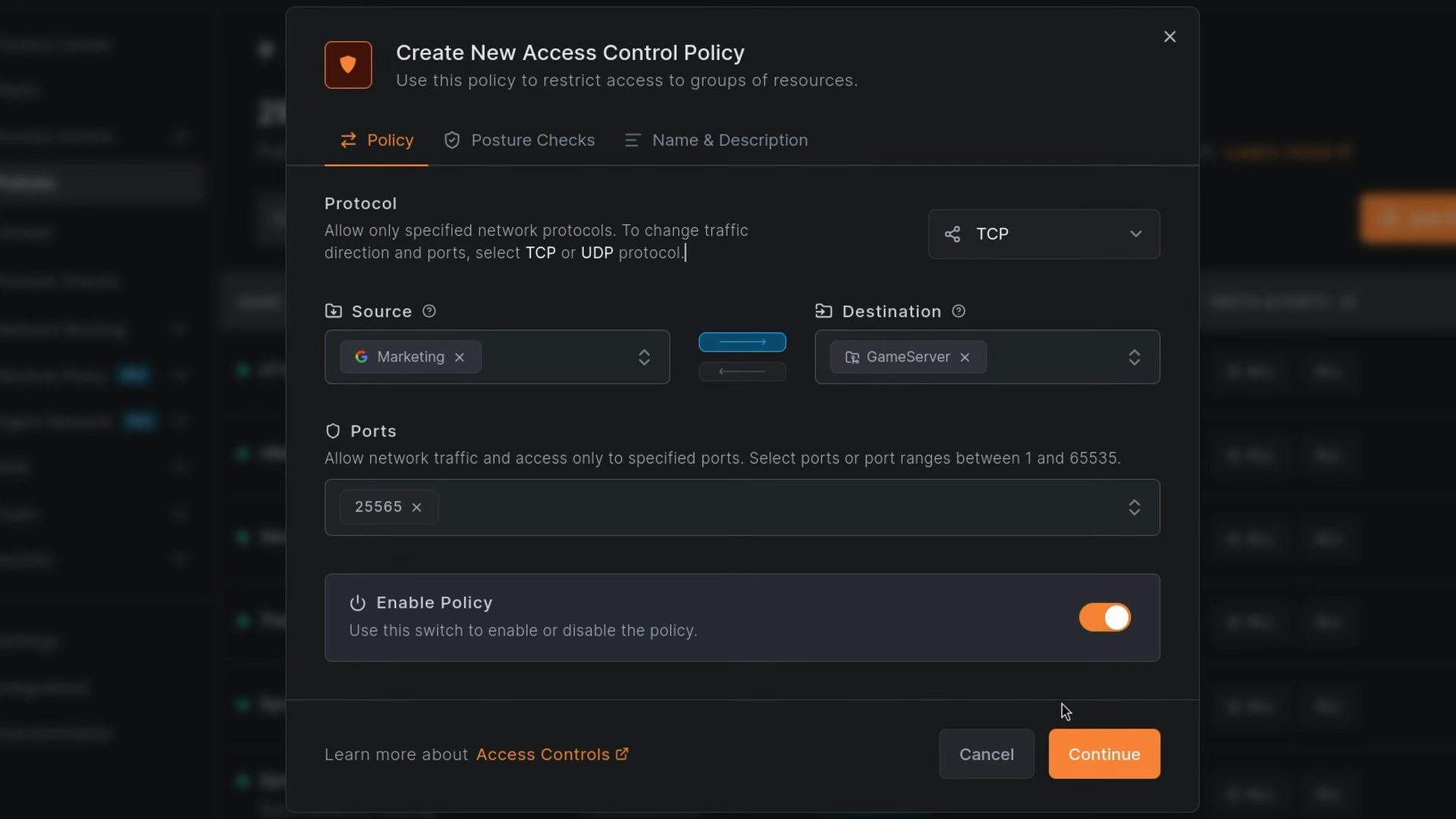 The NetBird access control policy limiting the friends group to the Minecraft server on TCP 25565