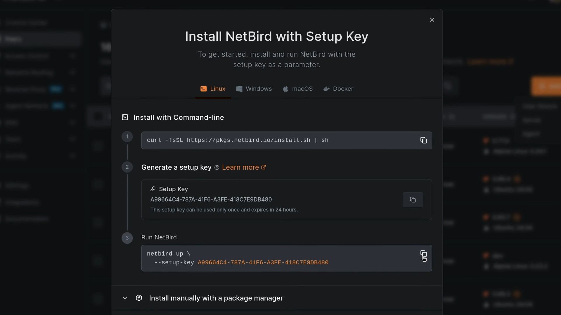 The NetBird Add Peer dialog showing the install command, a generated setup key, and the command to connect