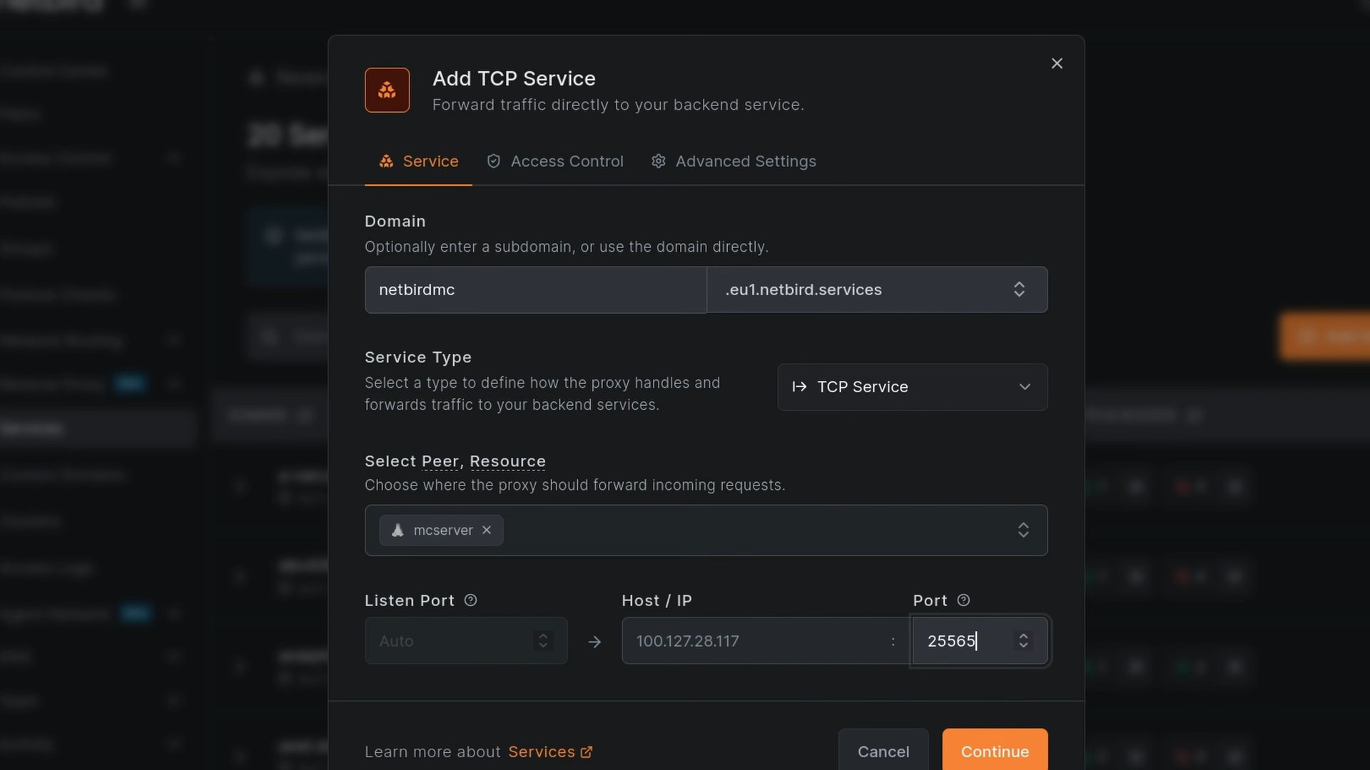 The NetBird reverse proxy service configured for TCP on the Minecraft port