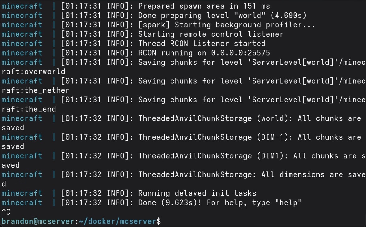 The Minecraft server container logs showing a successful startup