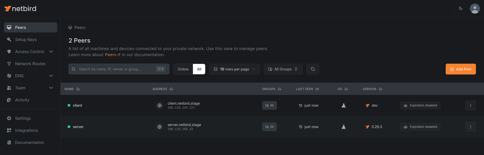 NetBird dashboard peers view