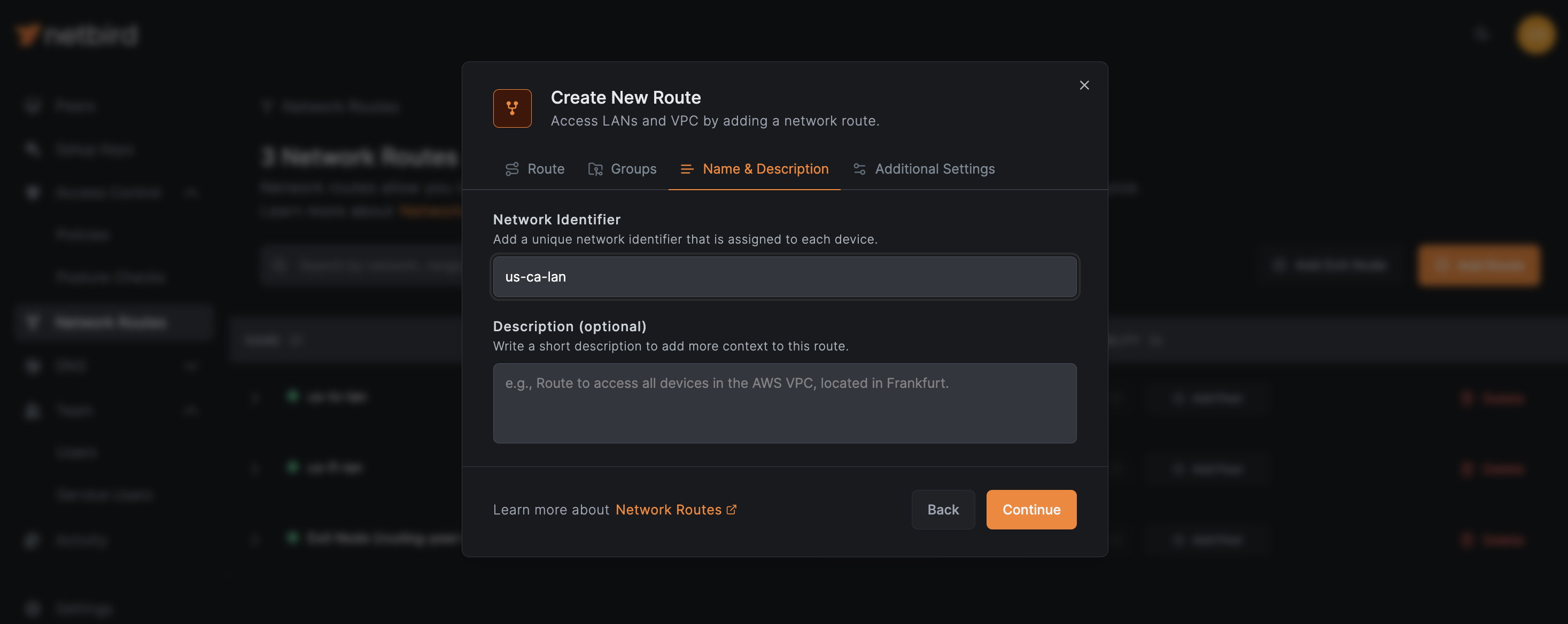 NetBird Network Routes' Name Tab