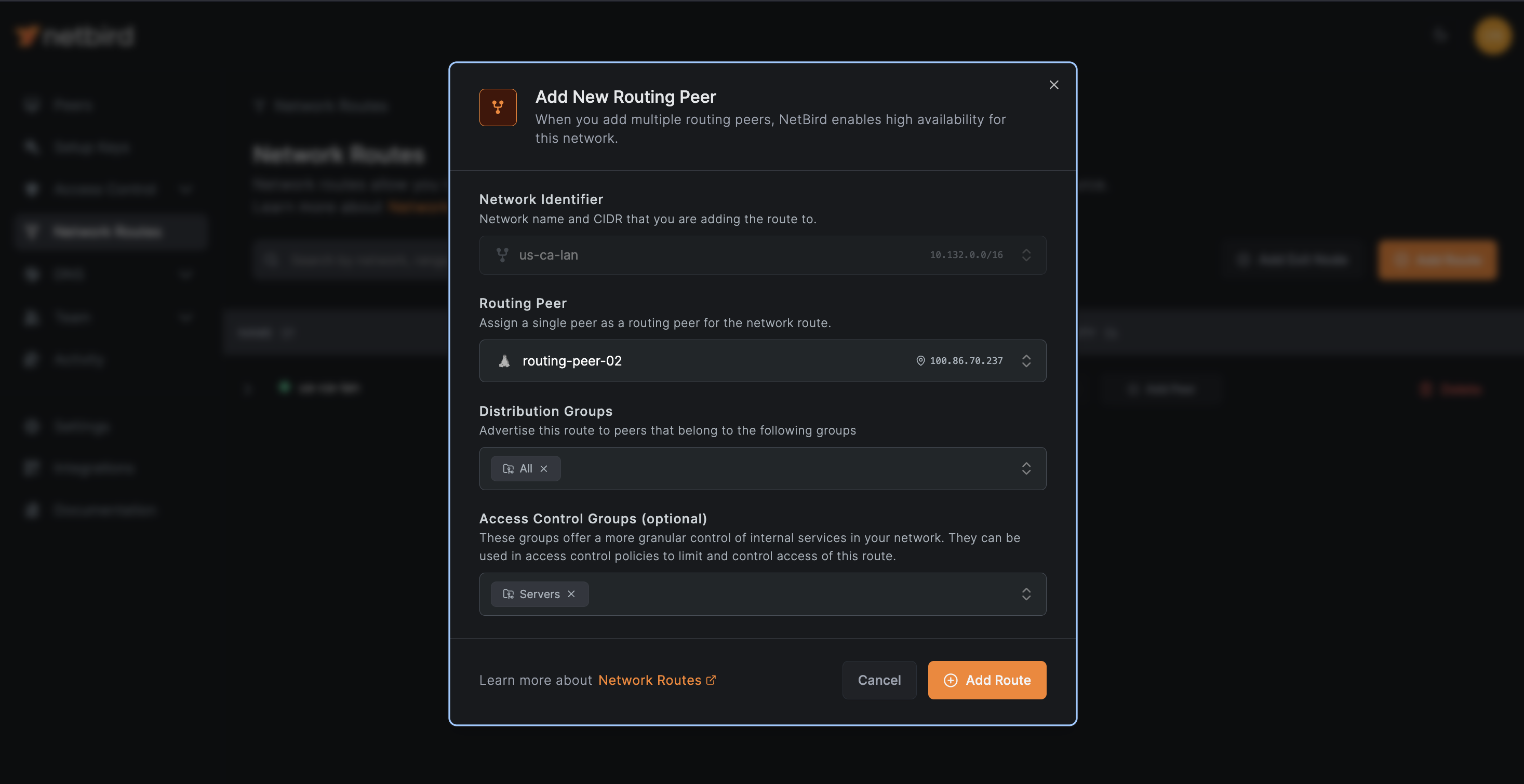 NetBird New Routing Peer
