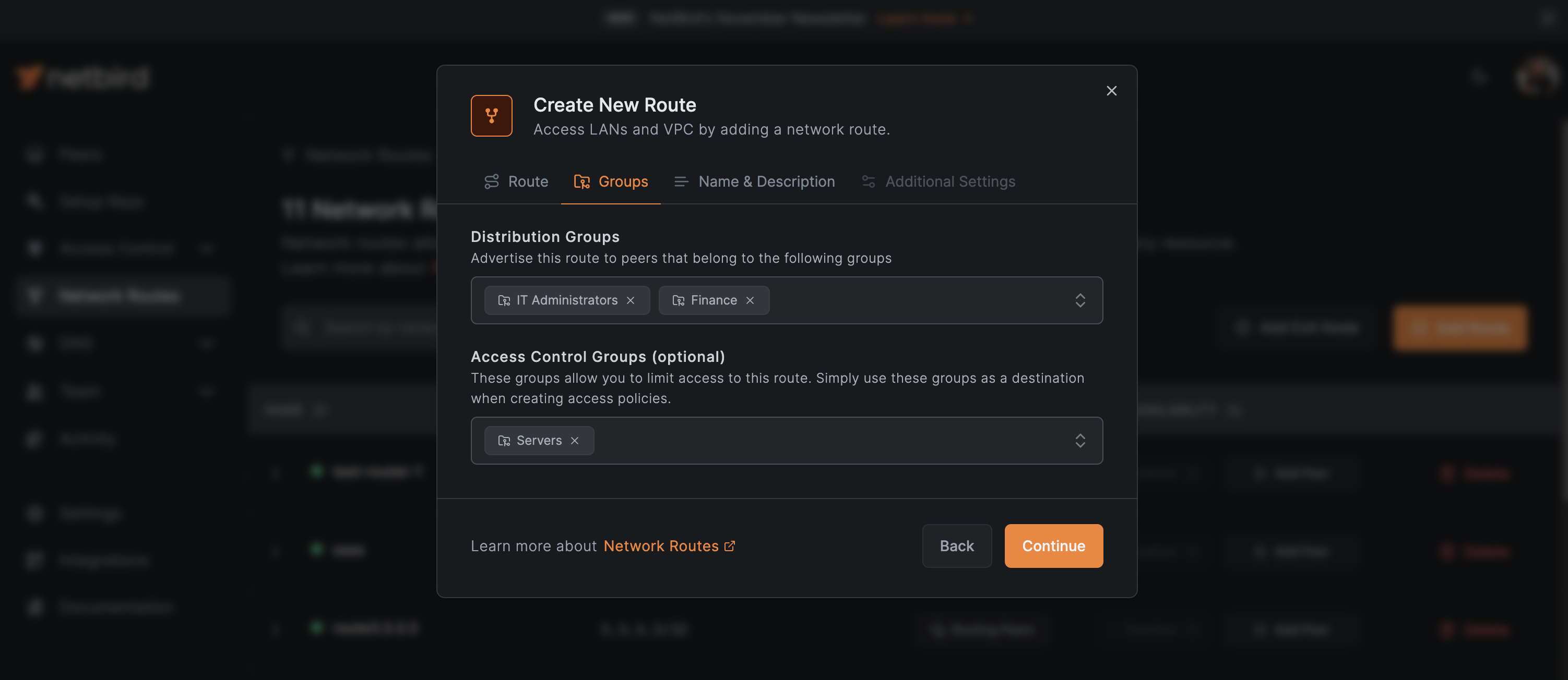 NetBird Network Routes' Groups Tab