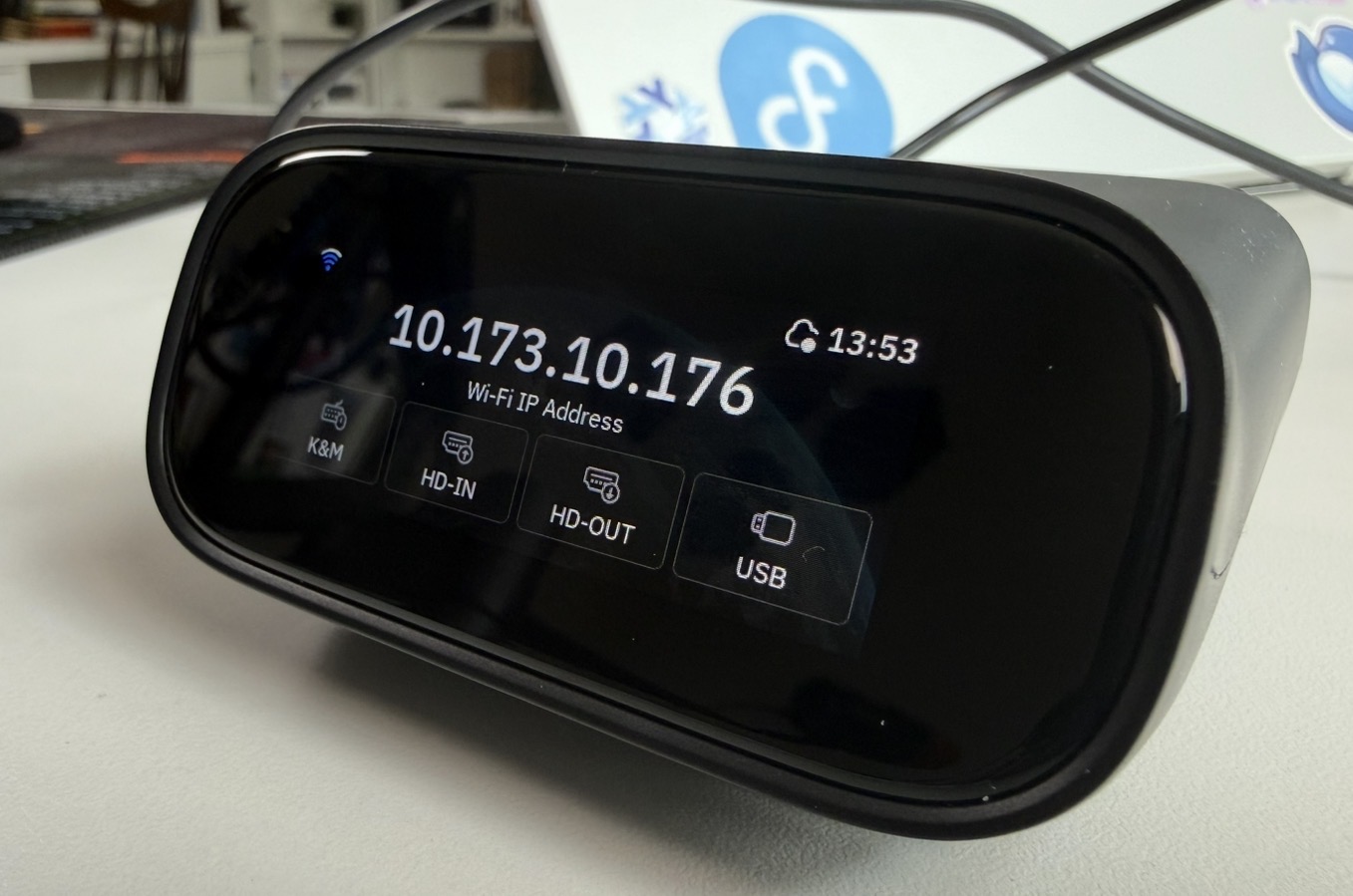 Comet Pro touchscreen home view showing the local Wi-Fi IP and quick-access tiles