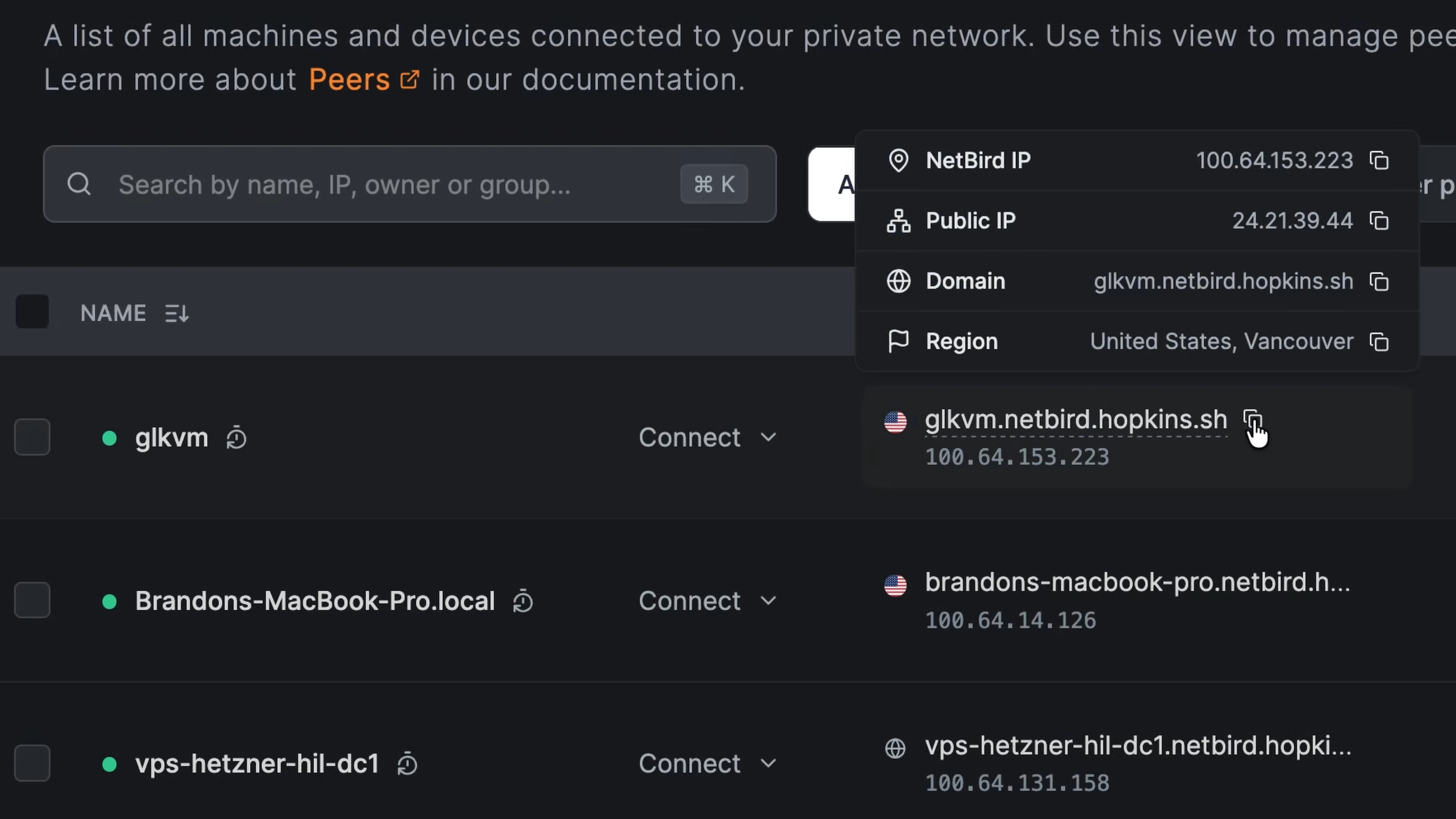 NetBird dashboard showing the glkvm peer with its NetBird IP, public IP, and domain