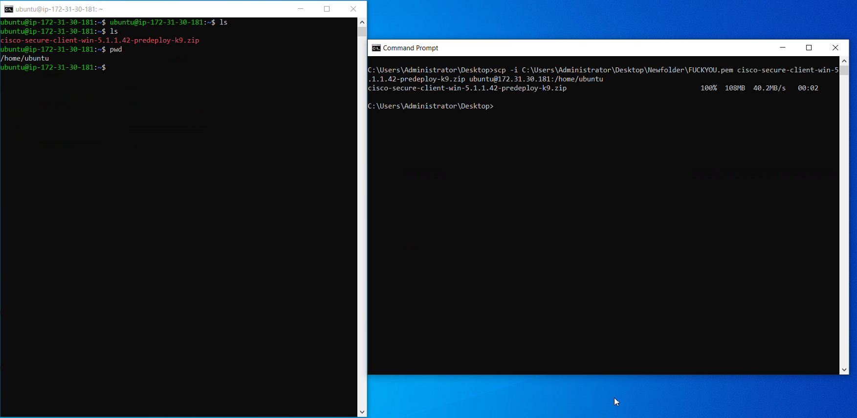 File transfer from the on-premise computer to the Ubuntu VM on AWS