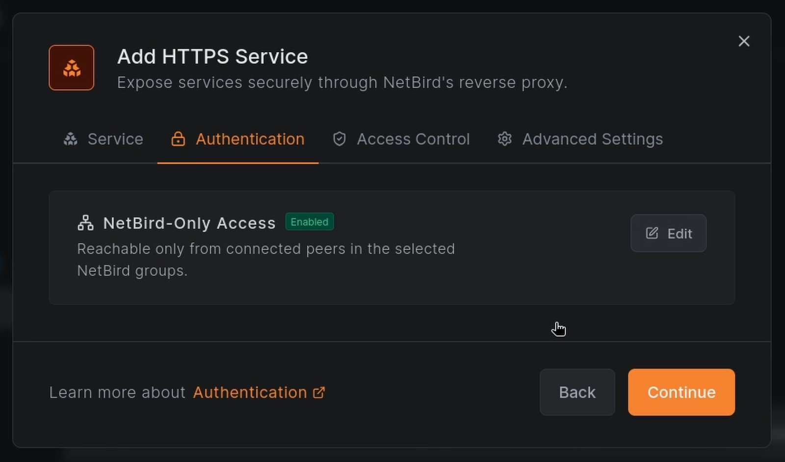 NetBird Add Service dialog with NetBird-Only Access enabled