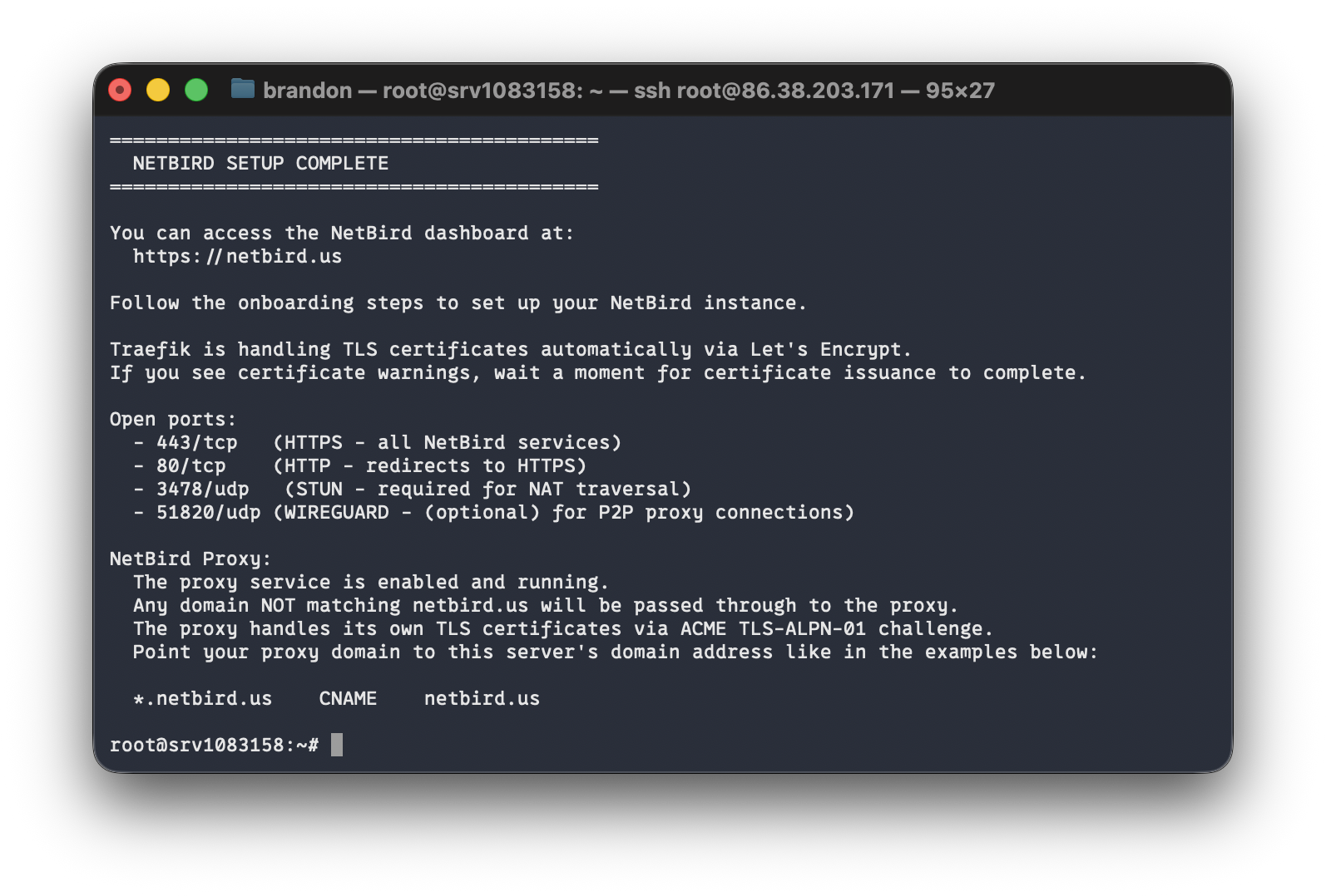 NetBird install script completing successfully in the terminal