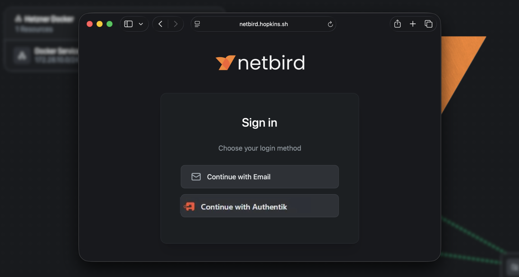 NetBird login page showing the Authentik sign-in option