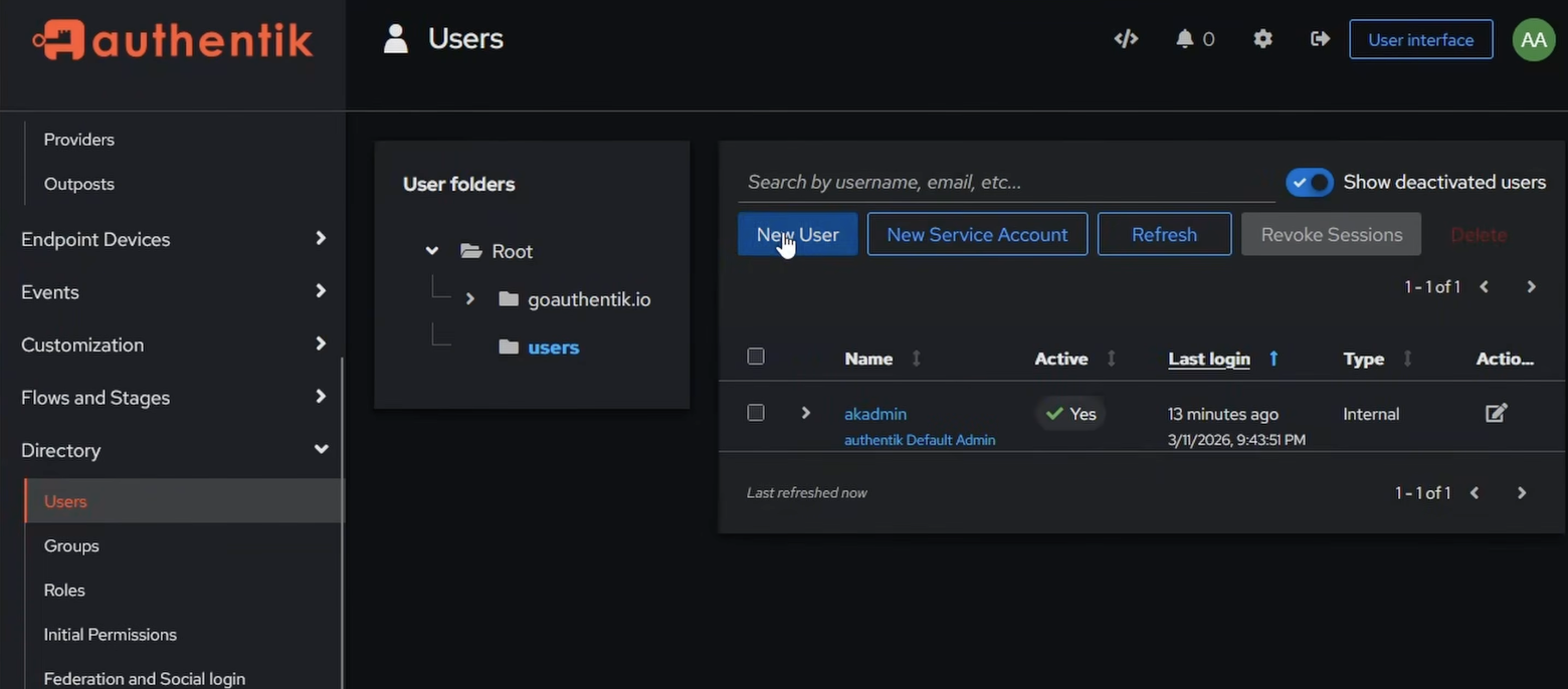 Authentik directory showing users and groups management