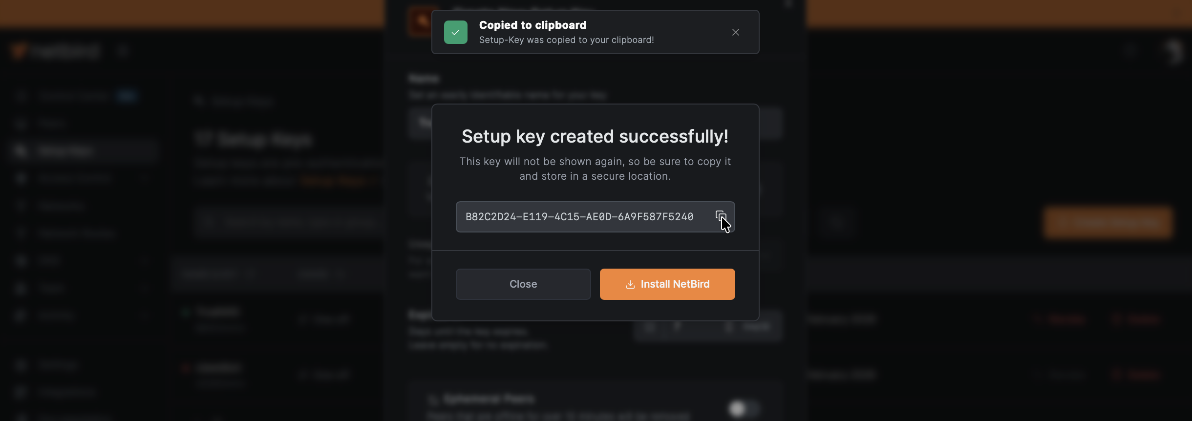 Create setup key in NetBird