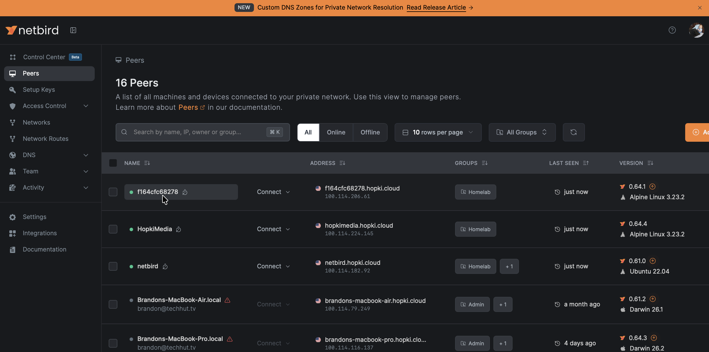 TrueNAS peer connected in NetBird
