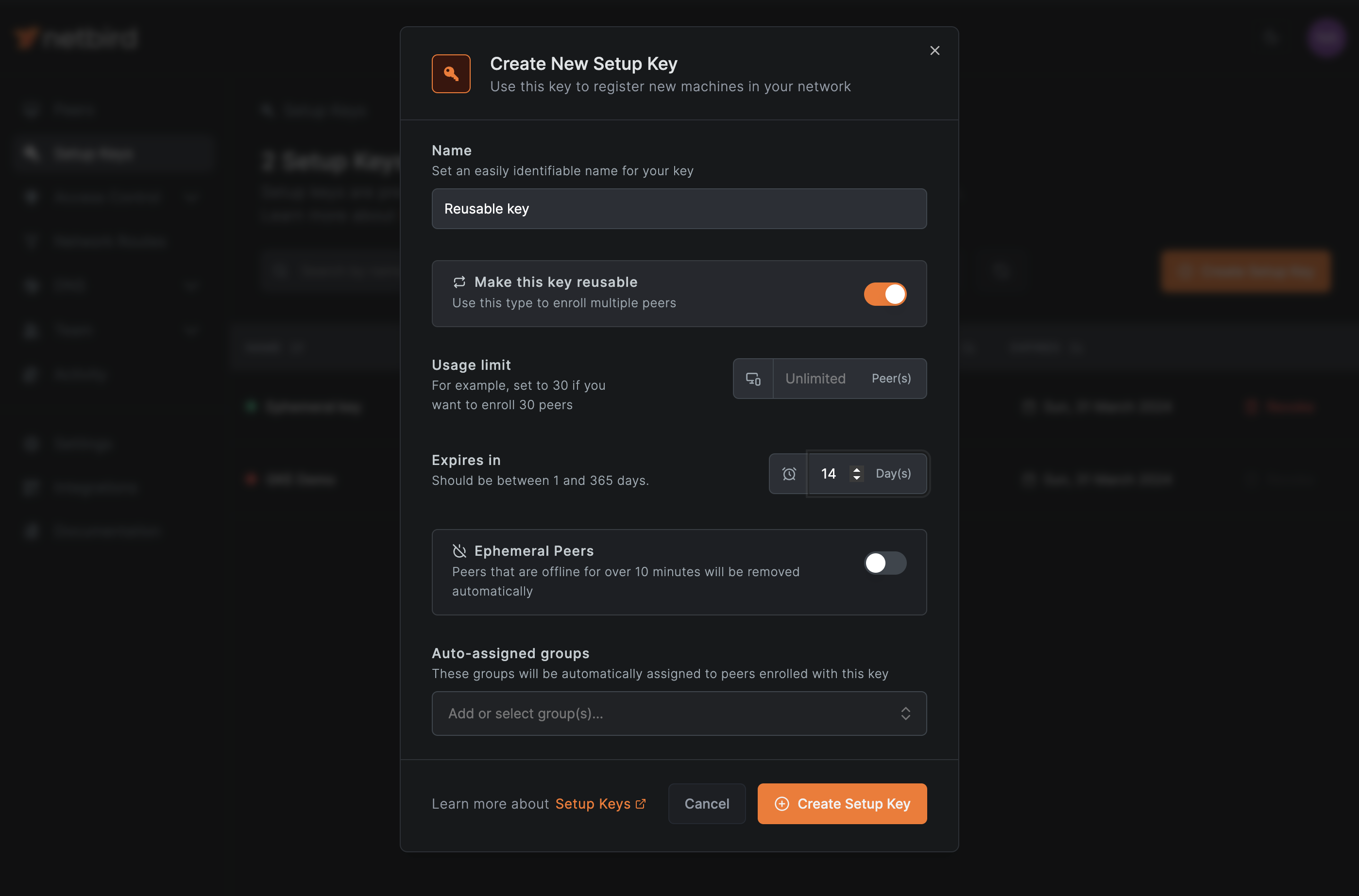 Reusable setup key