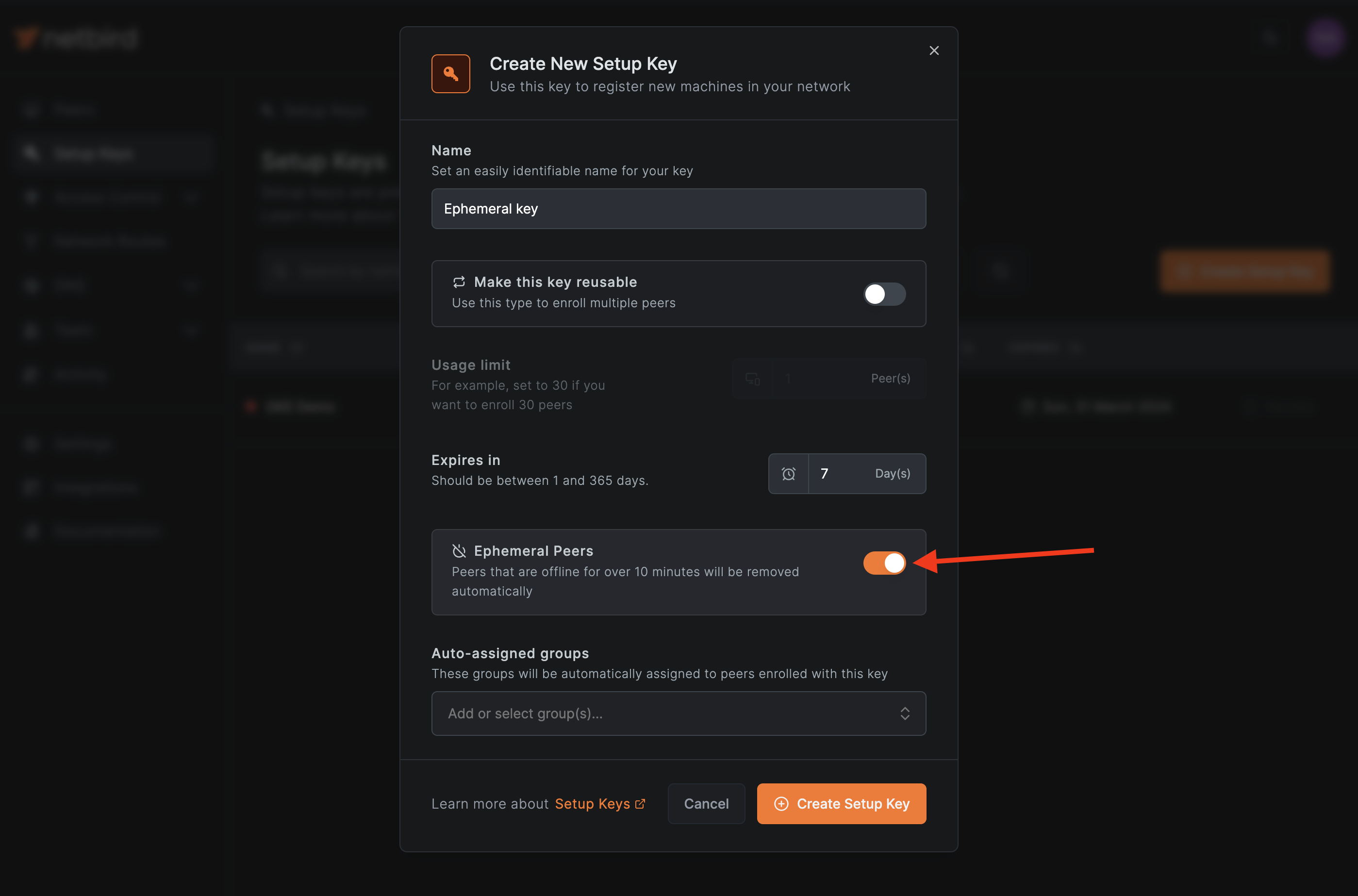 Ephemeral setup key