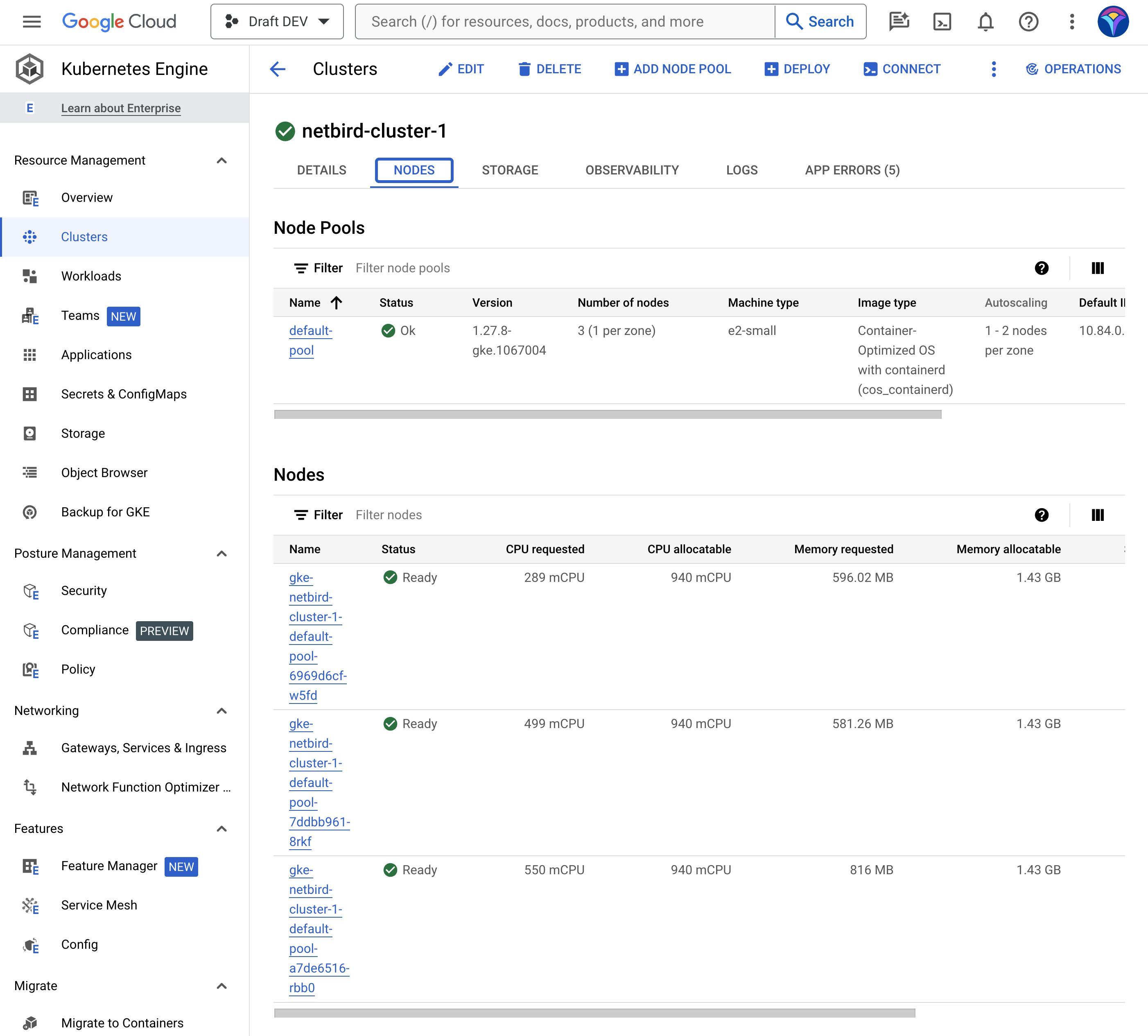 GKE cluster in the Google Cloud console
