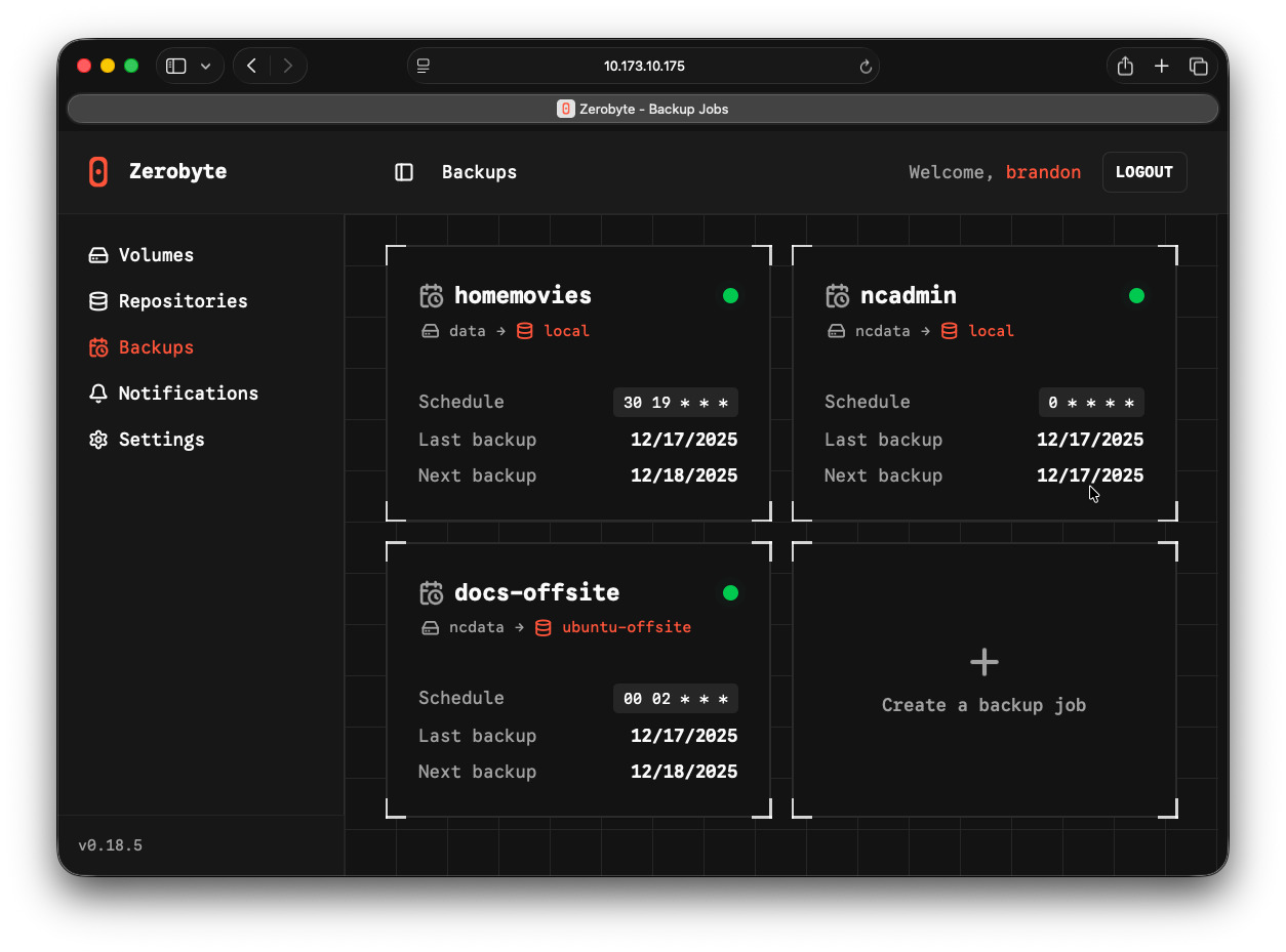 ZeroByte Backup Jobs Interface